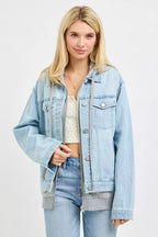 Oversized hooded light-wash denim jacket with button front and chest pockets