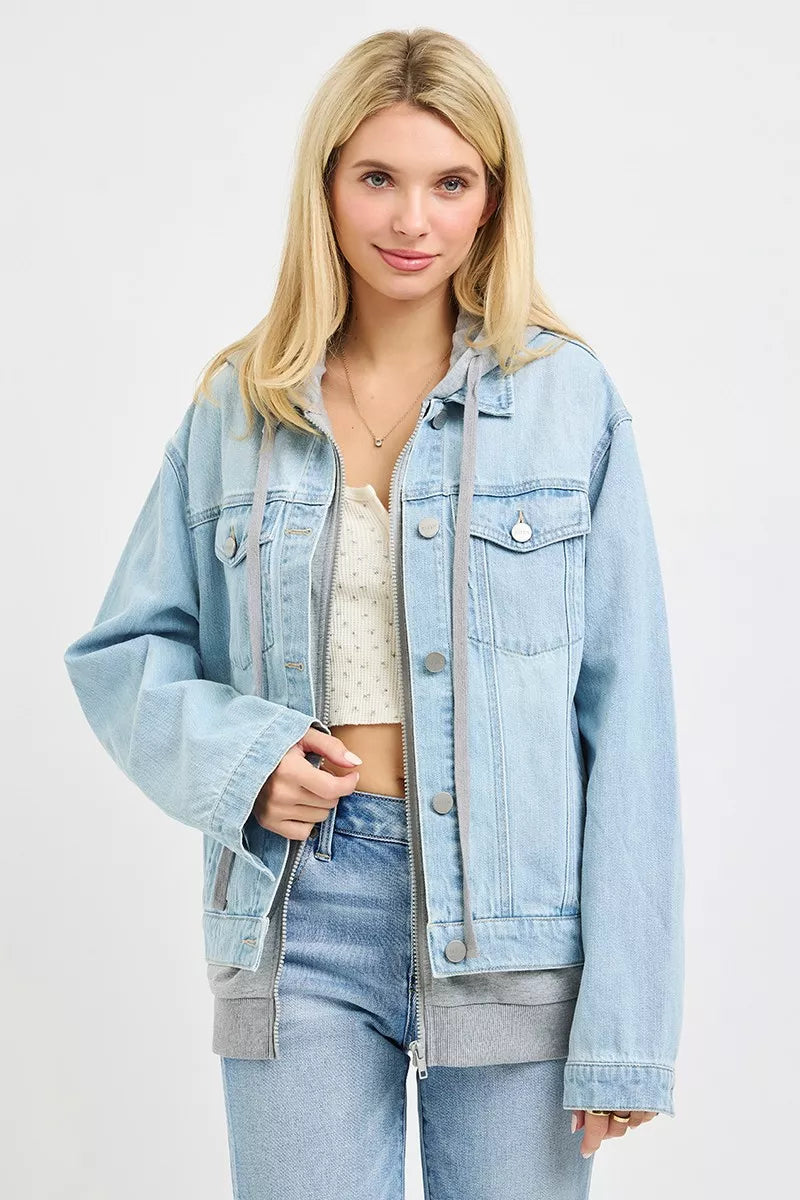 Oversized hooded light-wash denim jacket with button front and chest pockets