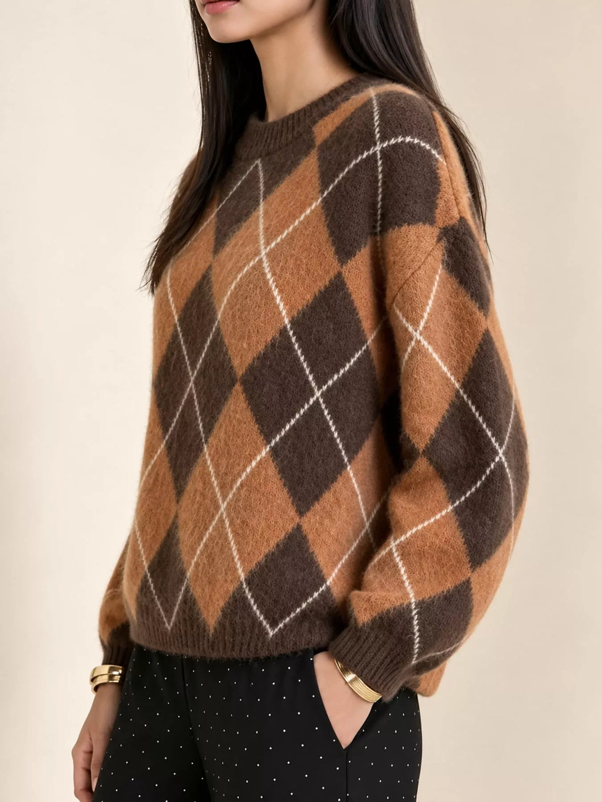 Fuzzy argyle knit sweater, brown with white diamond lattice, long sleeves, crew neck.