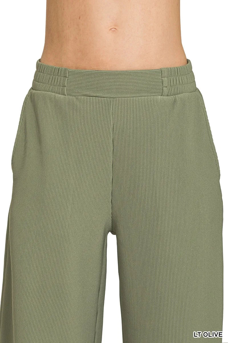 Olive Green Ribbed Knit Lounge Set – Half-Zip Hoodie & Palazzo Pants