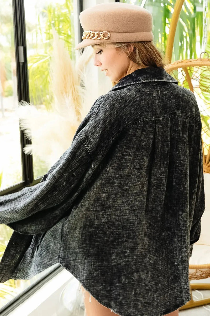 Oversized Distressed Denim Jacket – Vintage Wash & Raw Hem Style