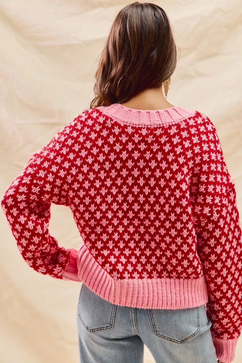 Color Block Textured Christmas Sweater V-Neck