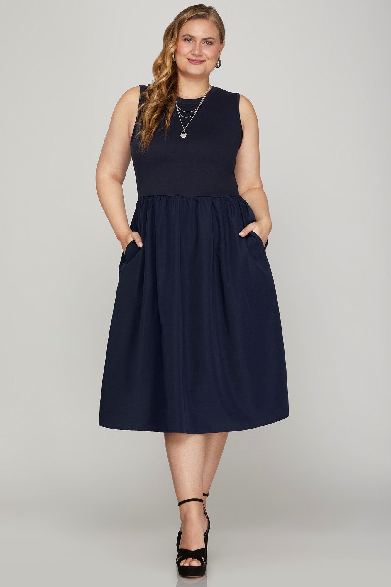 She + Sky Sleeveless Poplin Woven Midi Dress with Pockets