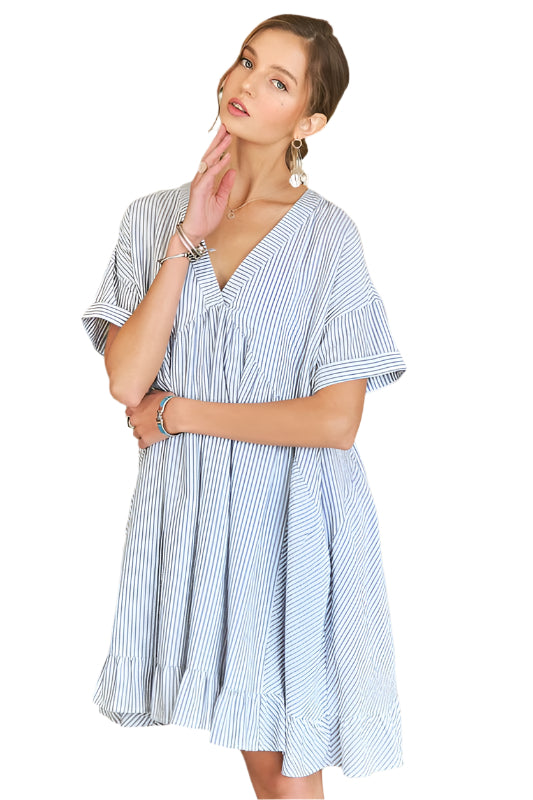 ADORA Ruffled Hem Striped V-Neck Babydoll Dress