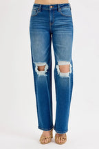 Distressed Knee Straight Leg Jeans – Medium Blue Stretch Denim