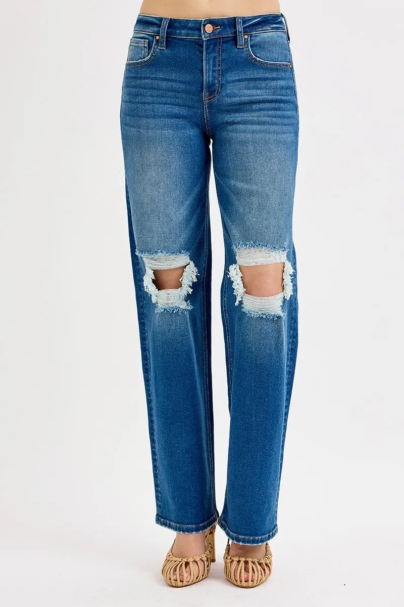 Distressed Knee Straight Leg Jeans – Medium Blue Stretch Denim