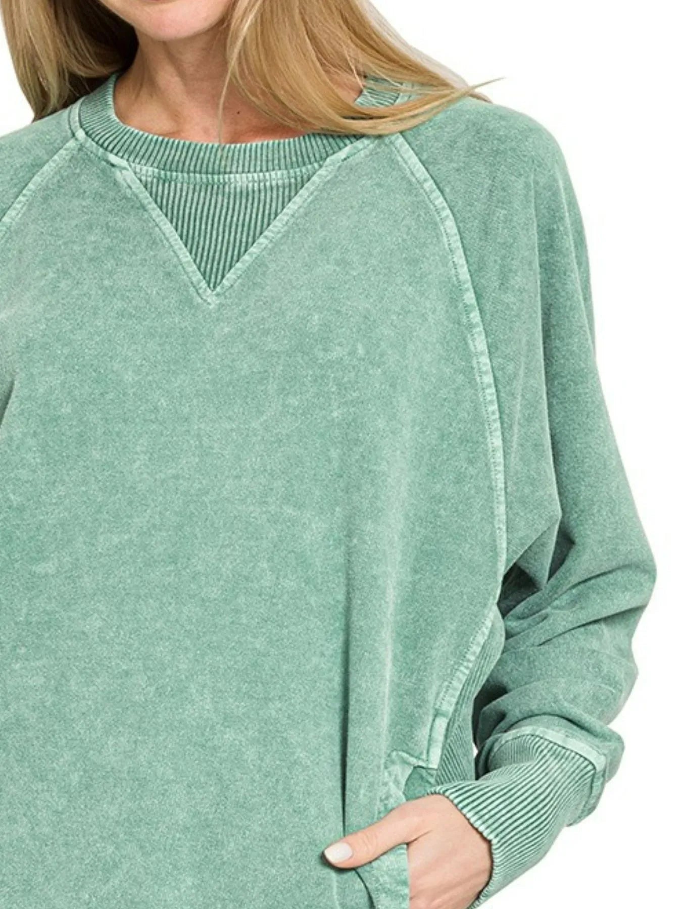 Zenana Halo Snow Washed French Terry Round Neck Sweatshirt