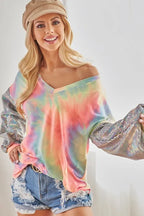 V-Neck Tie-Dye French Terry Top with Shimmer – Trendy & Cozy