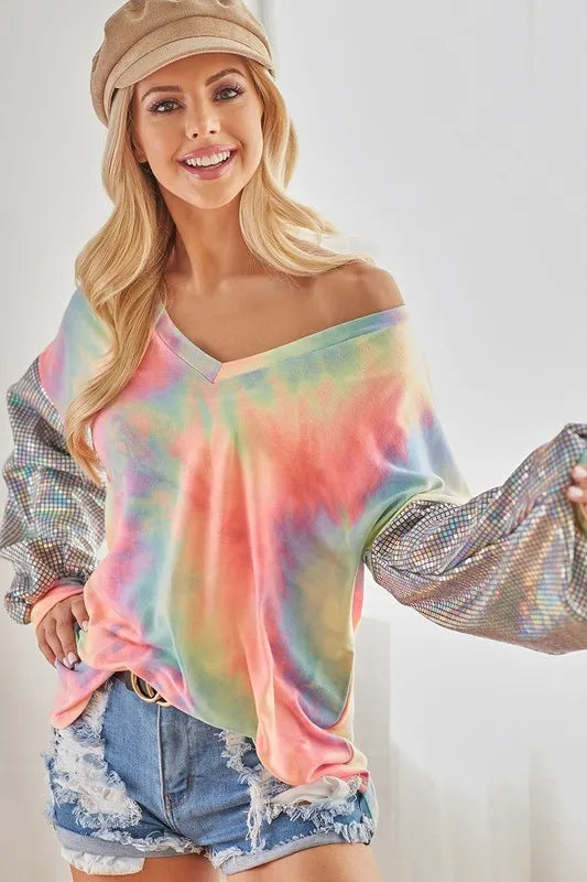 V-Neck Tie-Dye French Terry Top with Shimmer – Trendy & Cozy
