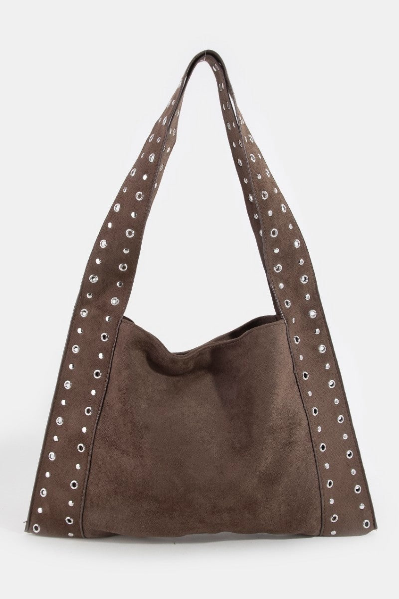 Large suede shoulder bag, brown with silver grommet strap eyelets