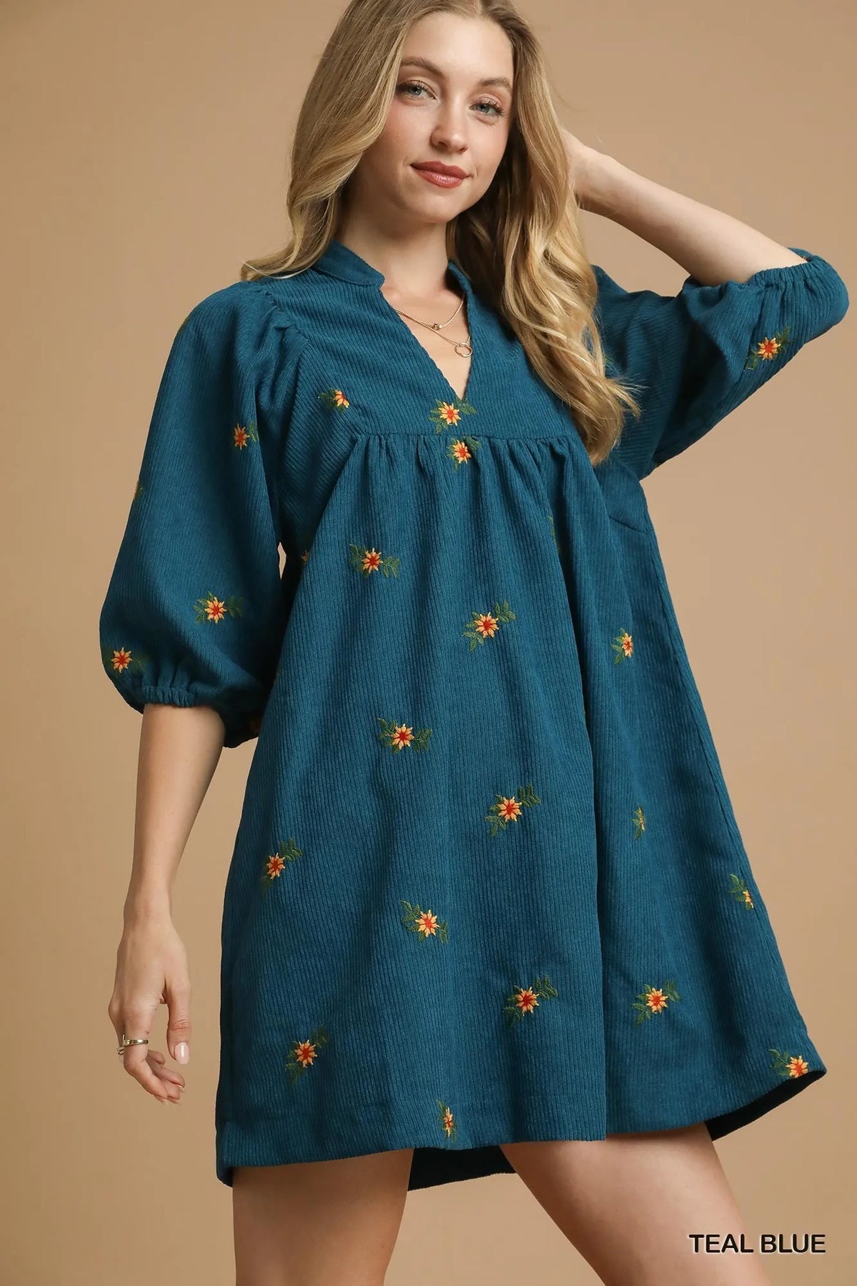 Teal Embroidered Peasant Dress – V-Neck Mini with Puff Sleeves