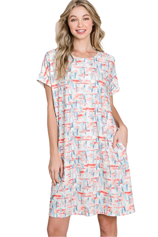 BOMBOM Printed Round Neck Short Sleeve Tee Dress
