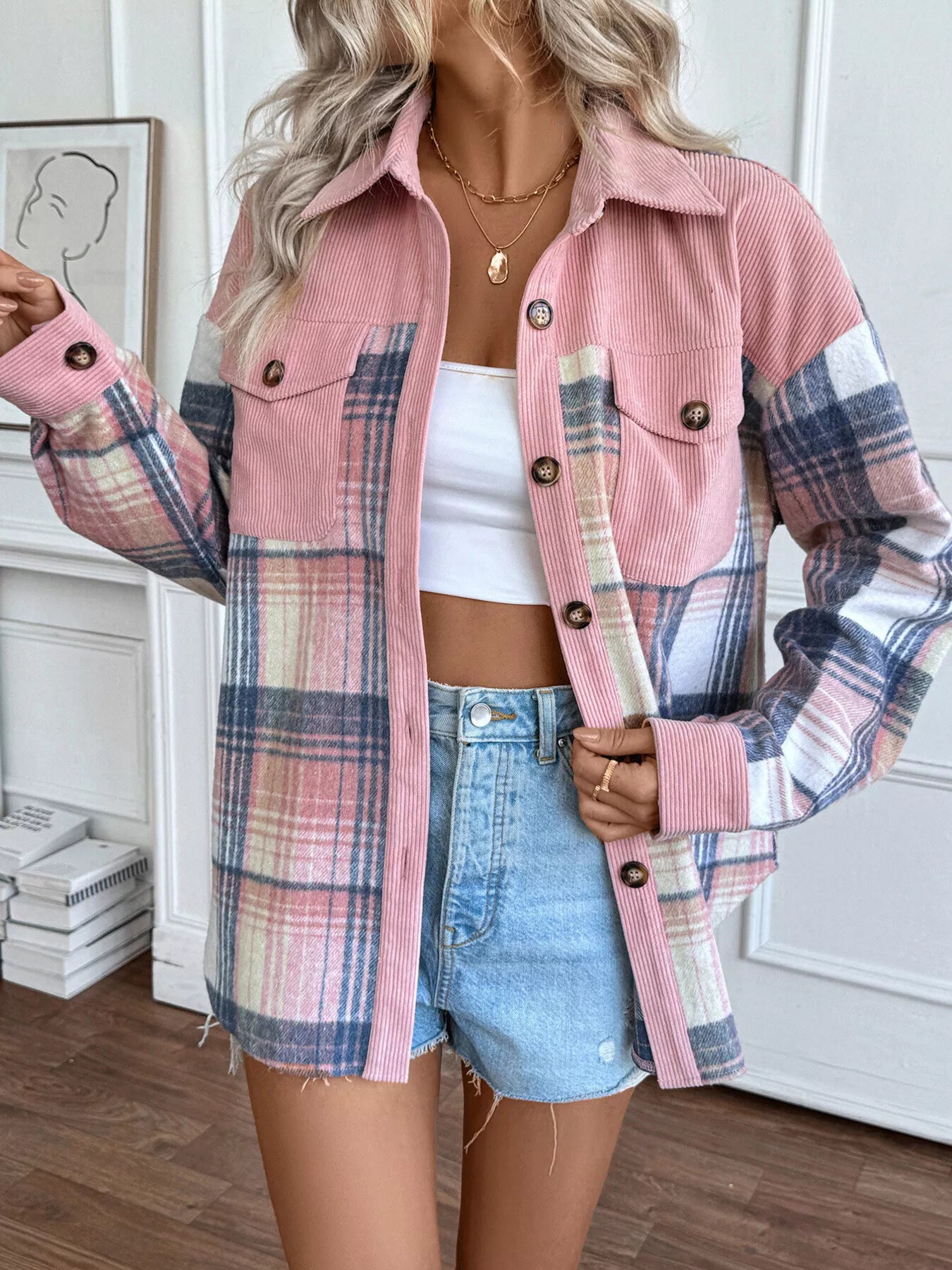 Plaid Button-Up Shacket with Chest Pockets – Cozy Casual Layer