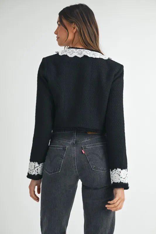 MABLE Lace Trim Collar Tweed Crop Jacket