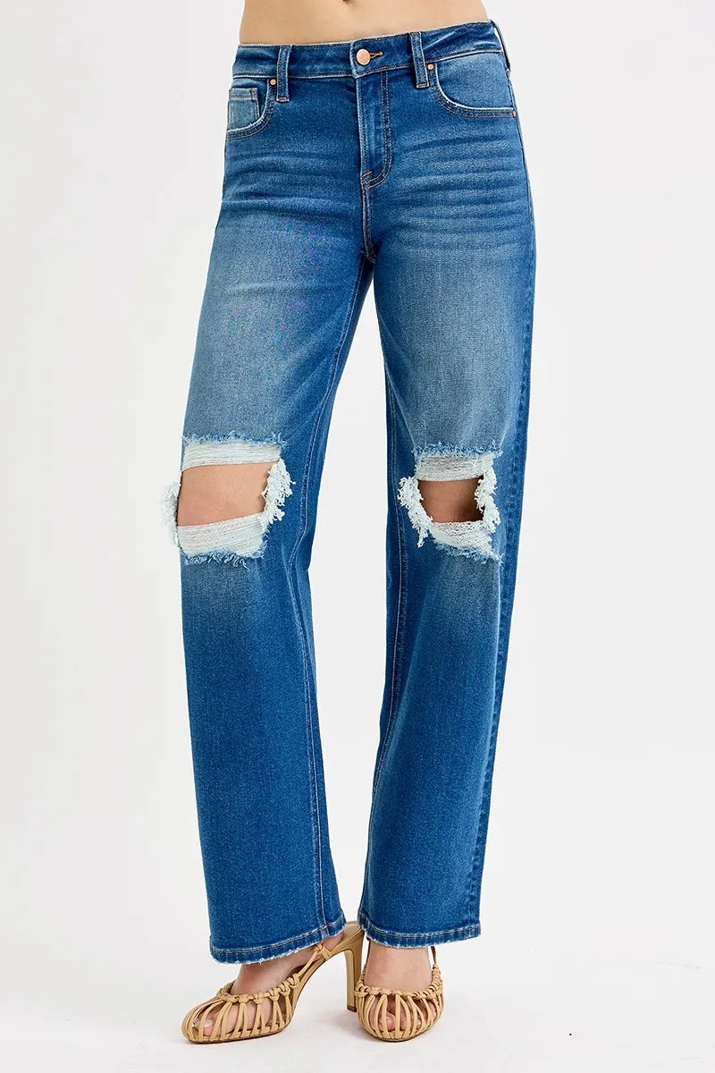 Distressed Knee Straight Leg Jeans – Medium Blue Stretch Denim