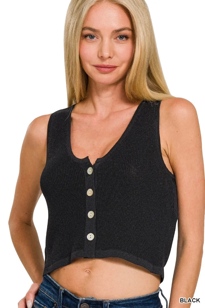 Black Ribbed Knit Sleeveless Sweater Vest – Cropped V-Neck Style