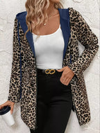 Navy-and-leopard hooded drawstring waist jacket with zip front, front view