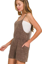 Brown Checkered Short Romper – Square Neck, Adjustable Straps & Pockets