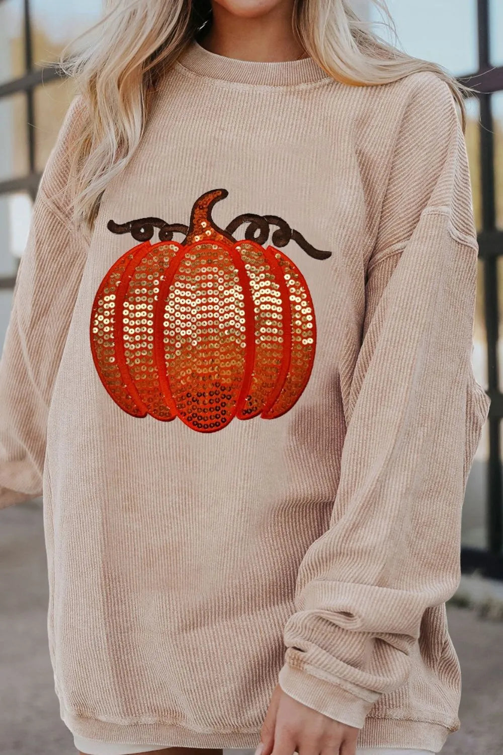 Sequin Pumpkin Round Neck Long Sleeve Sweatshirt – Festive Fall Style