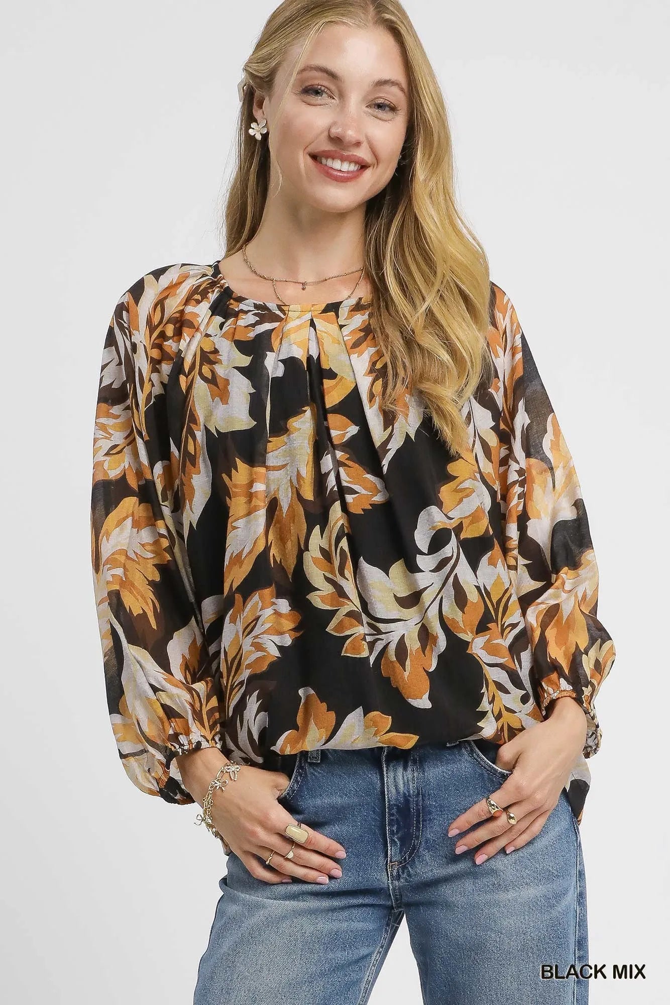 Autumn Leaf Print Chiffon Blouse – Long Balloon Sleeve Casual Top