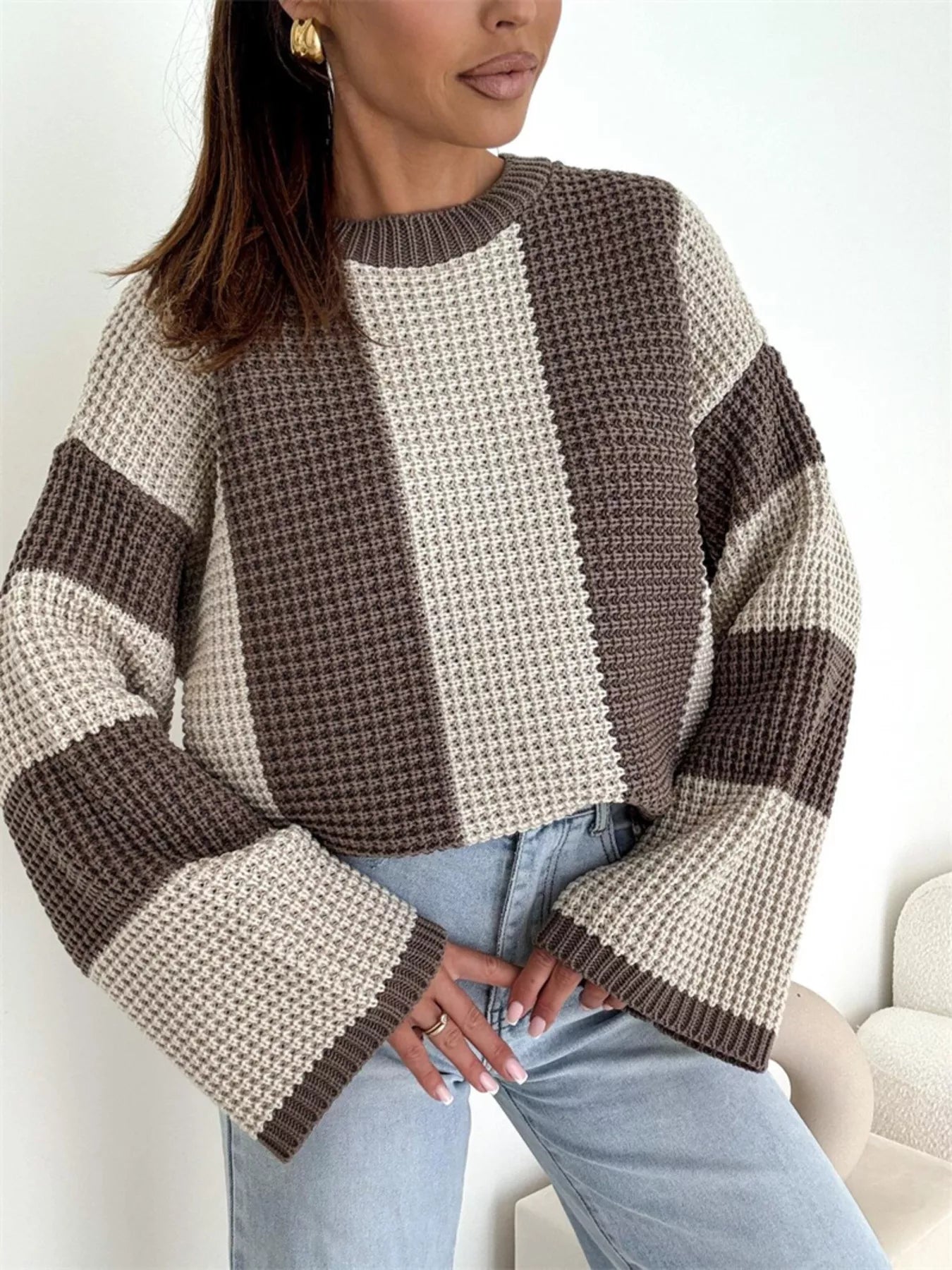 Color Block Long Sleeve Sweater – Trendy Casual Knitwear