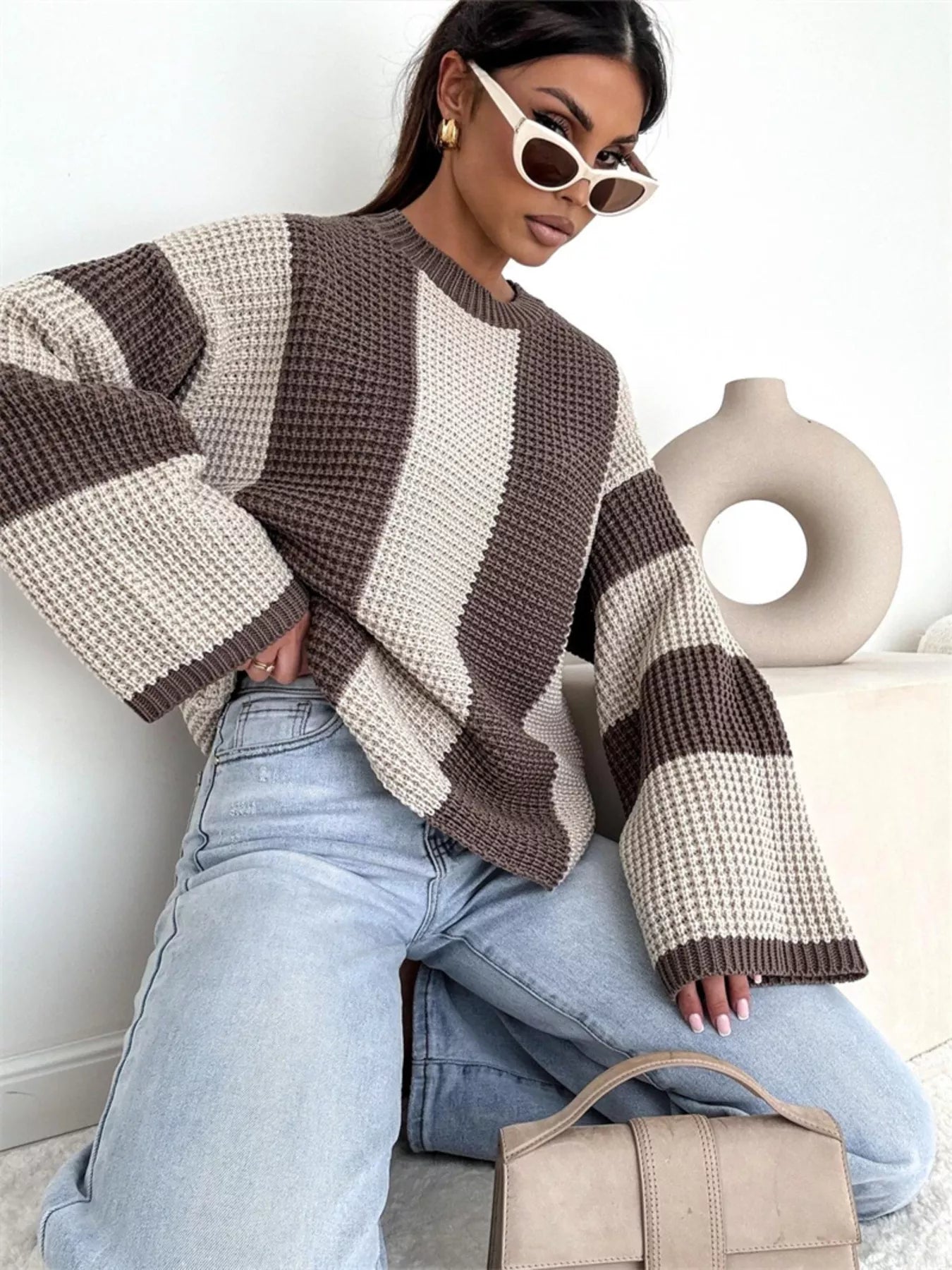 Color Block Long Sleeve Sweater – Trendy Casual Knitwear