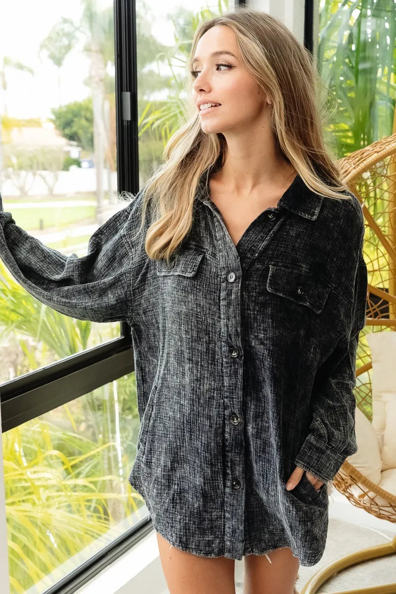 Oversized Distressed Denim Jacket – Vintage Wash & Raw Hem Style