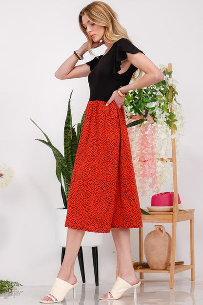 Celeste Two Tone Animal Print Flutter Sleeve Midi Dress