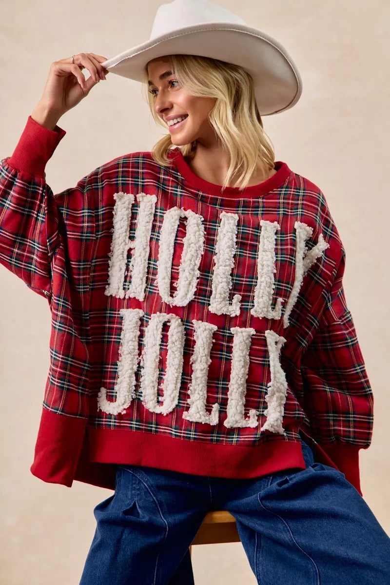 Holly Jolly Christmas Plaid Oversized Sweatshirt – Festive Holiday Top
