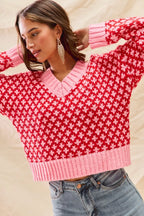 Color Block Textured Christmas Sweater V-Neck
