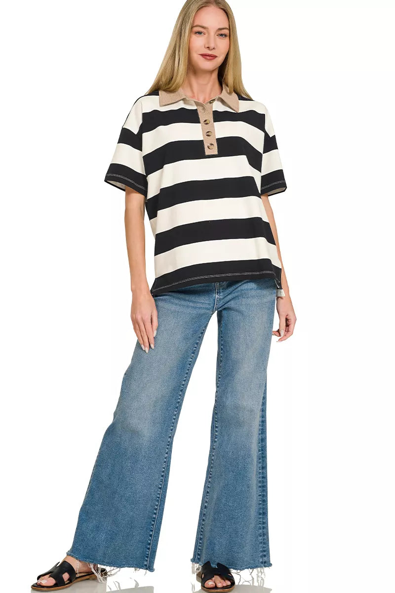 Black and white striped collared polo with short sleeves and button placket