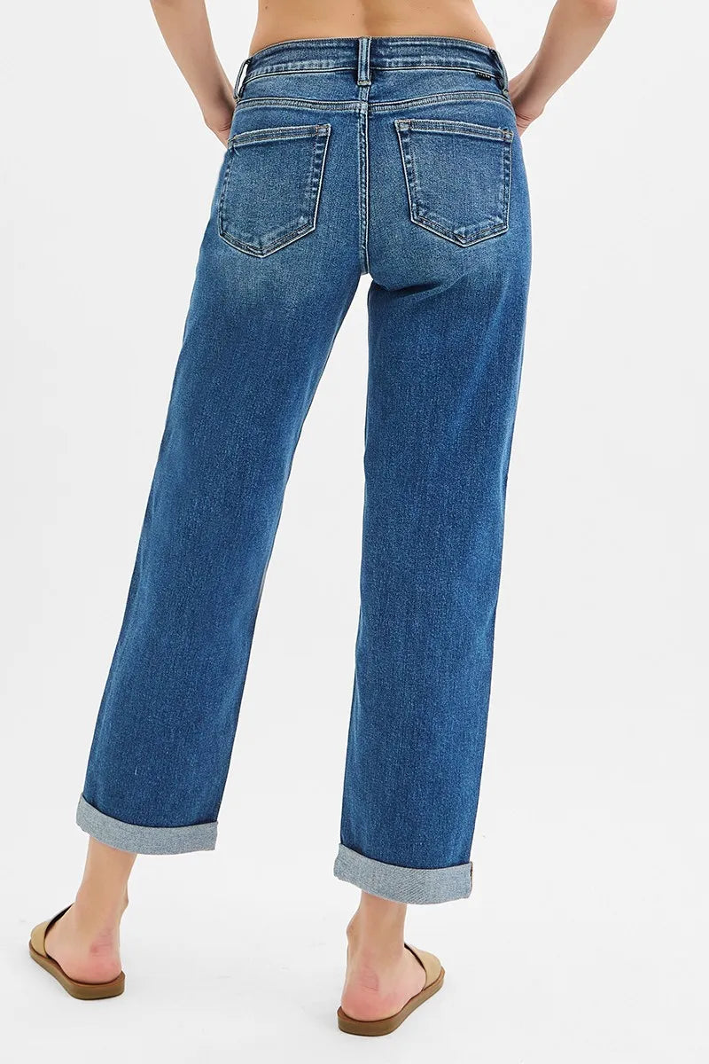 High-Waisted Straight Leg Jeans – Medium Wash Cuffed Denim