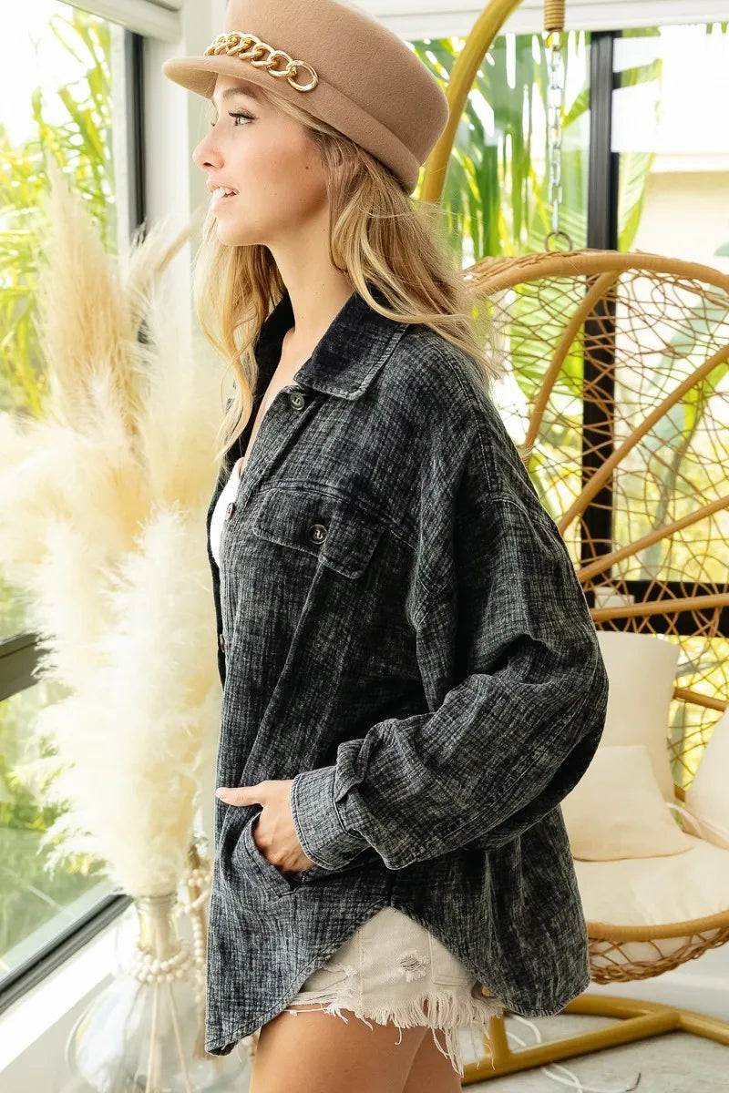 Oversized Distressed Denim Jacket – Vintage Wash & Raw Hem Style