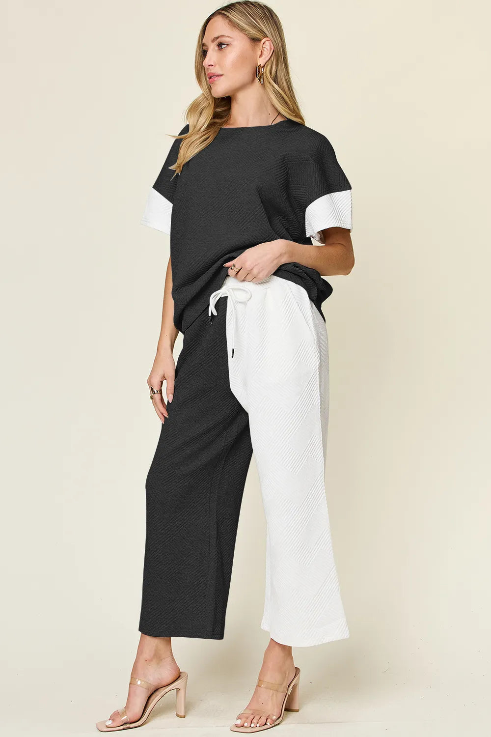 Contrast T-shirt and wide-leg pants set, black top with white sleeves and drawstring waist