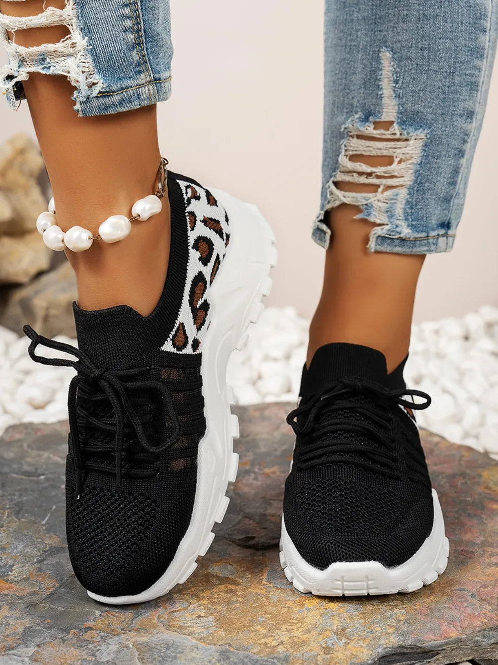 Cutout Leopard Lace-Up Mesh Athletic Sneakers – Sporty & Stylish