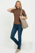 Brown ribbed mock neck sweater with short sleeves, straight hem
