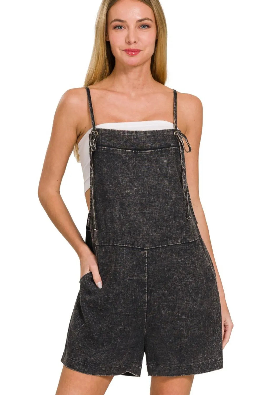 Denim Overall Romper – Adjustable Straps, Pockets & Vintage Wash