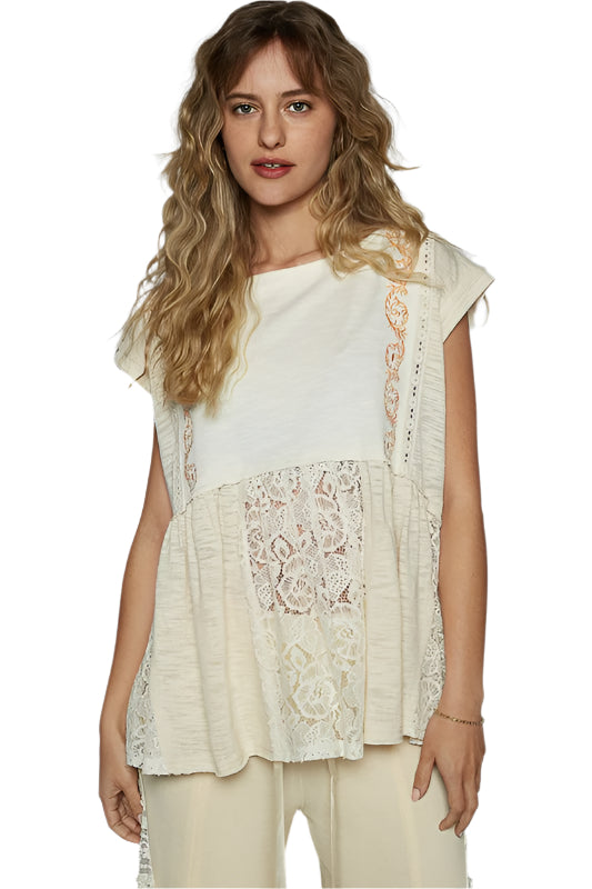 POL Embroidered Detail Boat Neck Cap Sleeve Lace Blouse
