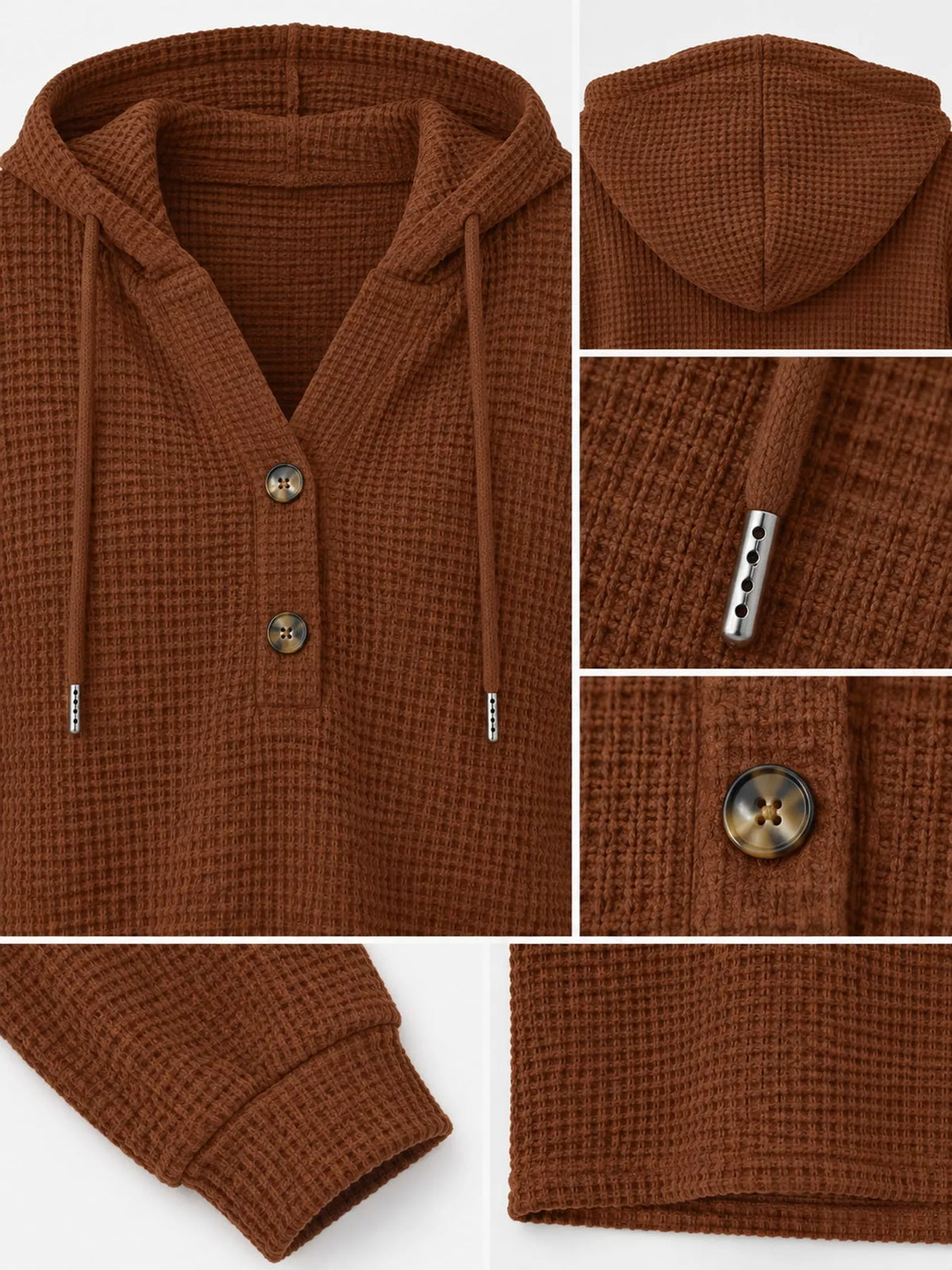 Caramel waffle-knit hoodie close-up: hood, two-button front, and drawstring ties