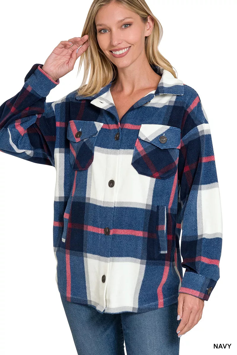Plaid Flannel Jacket for Women | Classic Button-Up Brushed Overshirt