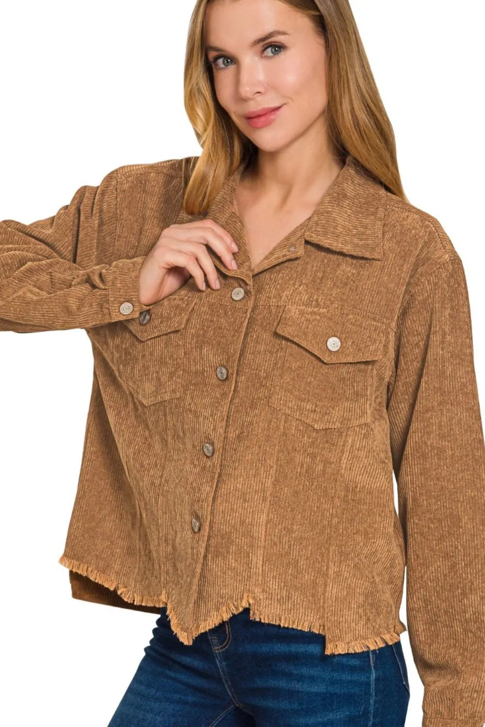 Brown Corduroy Jacket – Button-Up, Frayed Hem & Vintage-Inspired Style