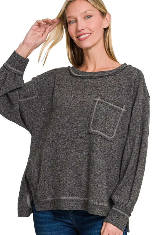 Oversized Heather Gray Long Sleeve Tee – Vintage Wash & Chest Pocket