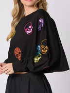 Sequin Skull Long Sleeve Sweatshirt – Edgy Casual Halloween Style