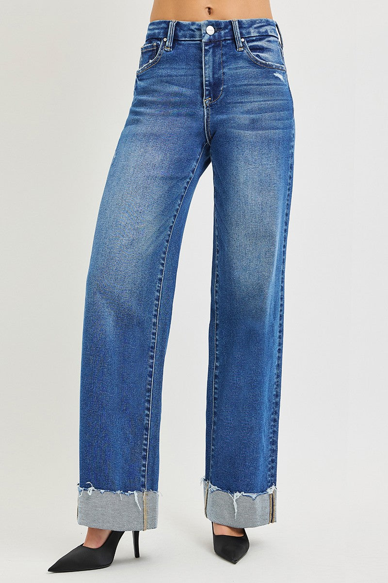 High-rise wide-leg jeans, medium blue wash, cuffed frayed hem and wide leg