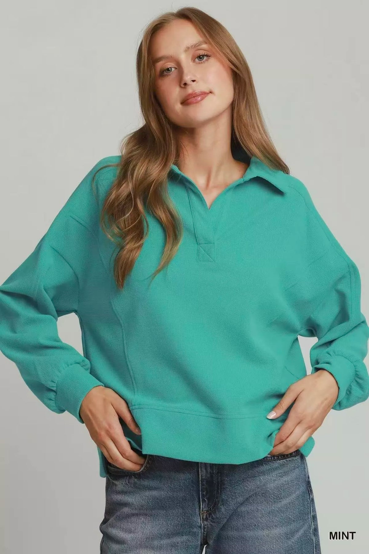 Mint brushed waffle polo pullover with collar, quarter placket, and long sleeves