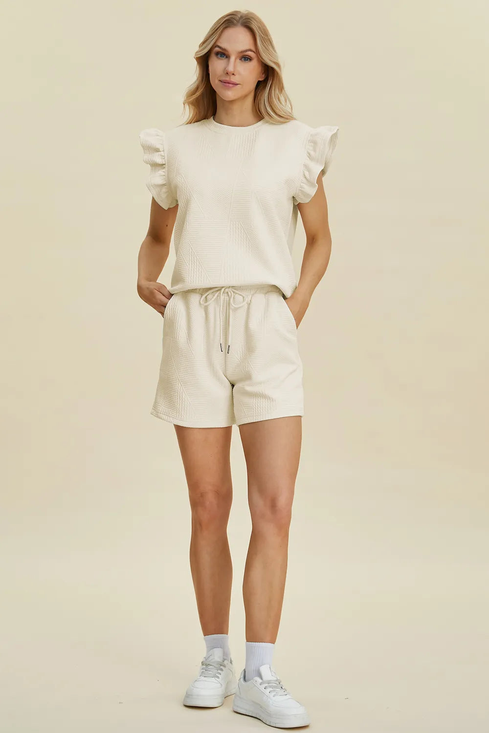 Textured Ruffle Sleeve Top & Shorts Set – Cute, Comfy & Stylish