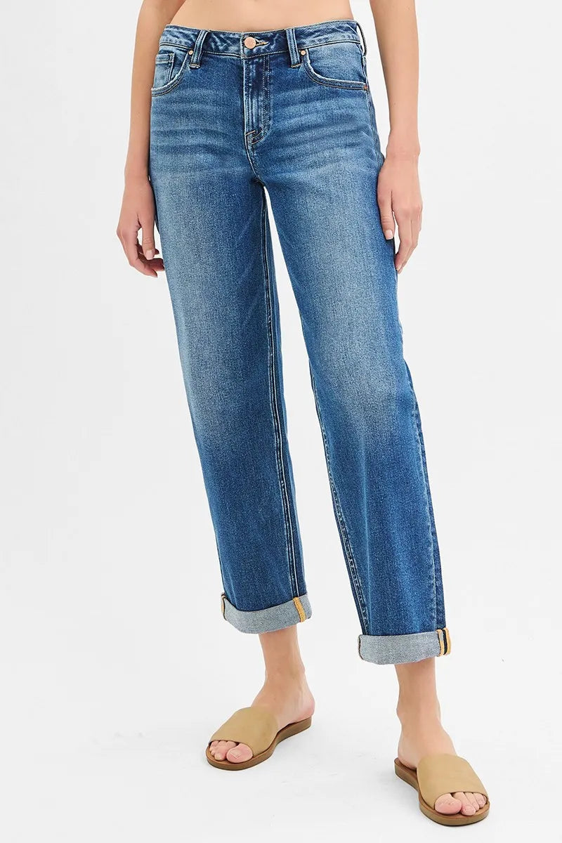 High-Waisted Straight Leg Jeans – Medium Wash Cuffed Denim