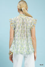 Floral flutter sleeve split-neck top, back view, light blue print