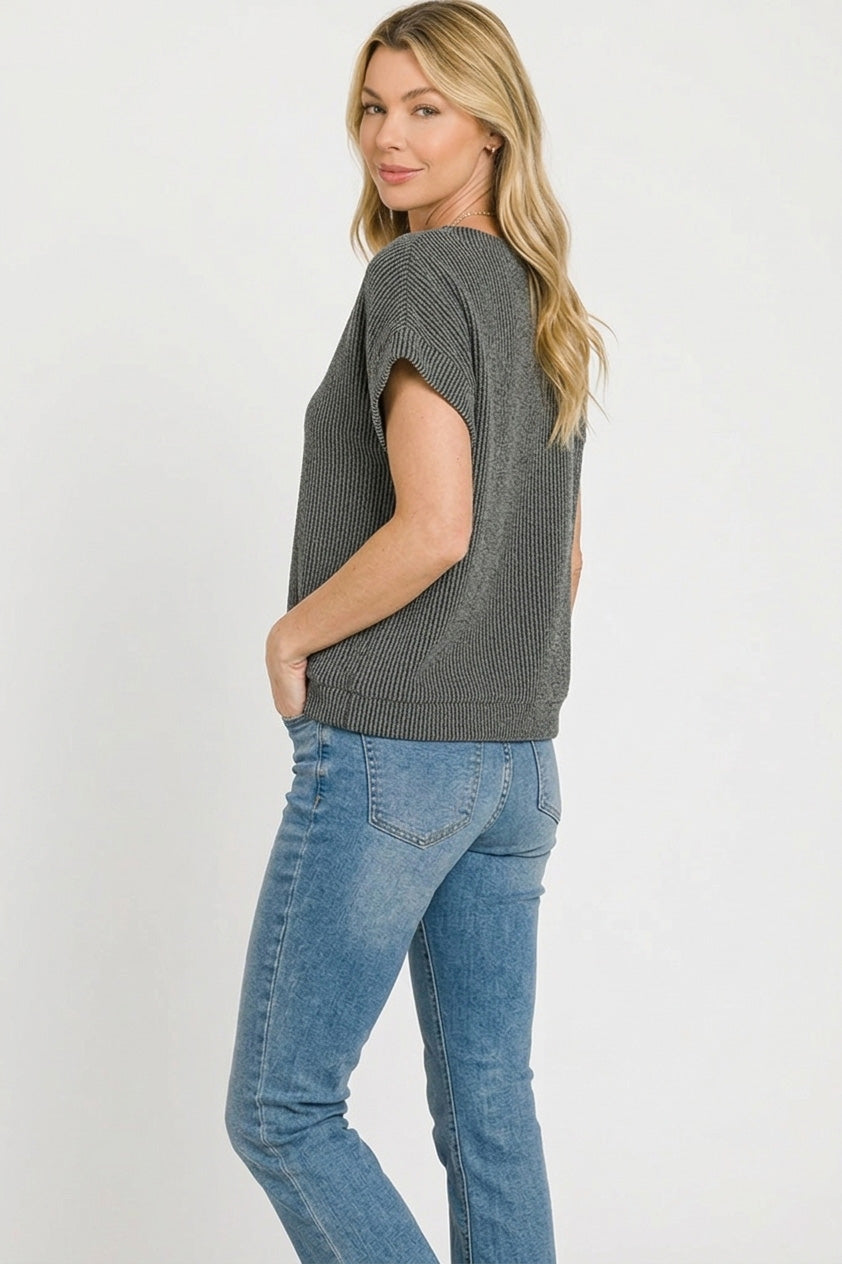 Charcoal striped raised rib cap-sleeve top shown from the side