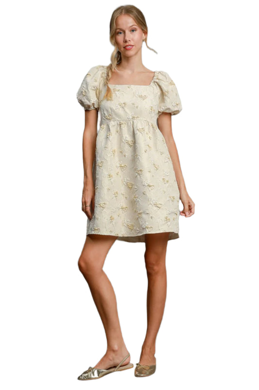 Umgee Heart Jacquard Square Neck Puff Sleeve Mini Dress